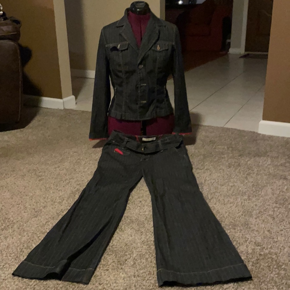 Tommy Hilfiger black pinstriped denim jacket and jean pants